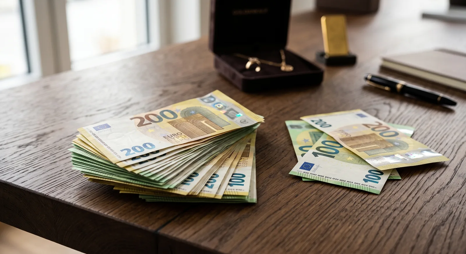 Stapel Euro-Banknoten auf einem Holztisch neben einer Schmuckschatulle