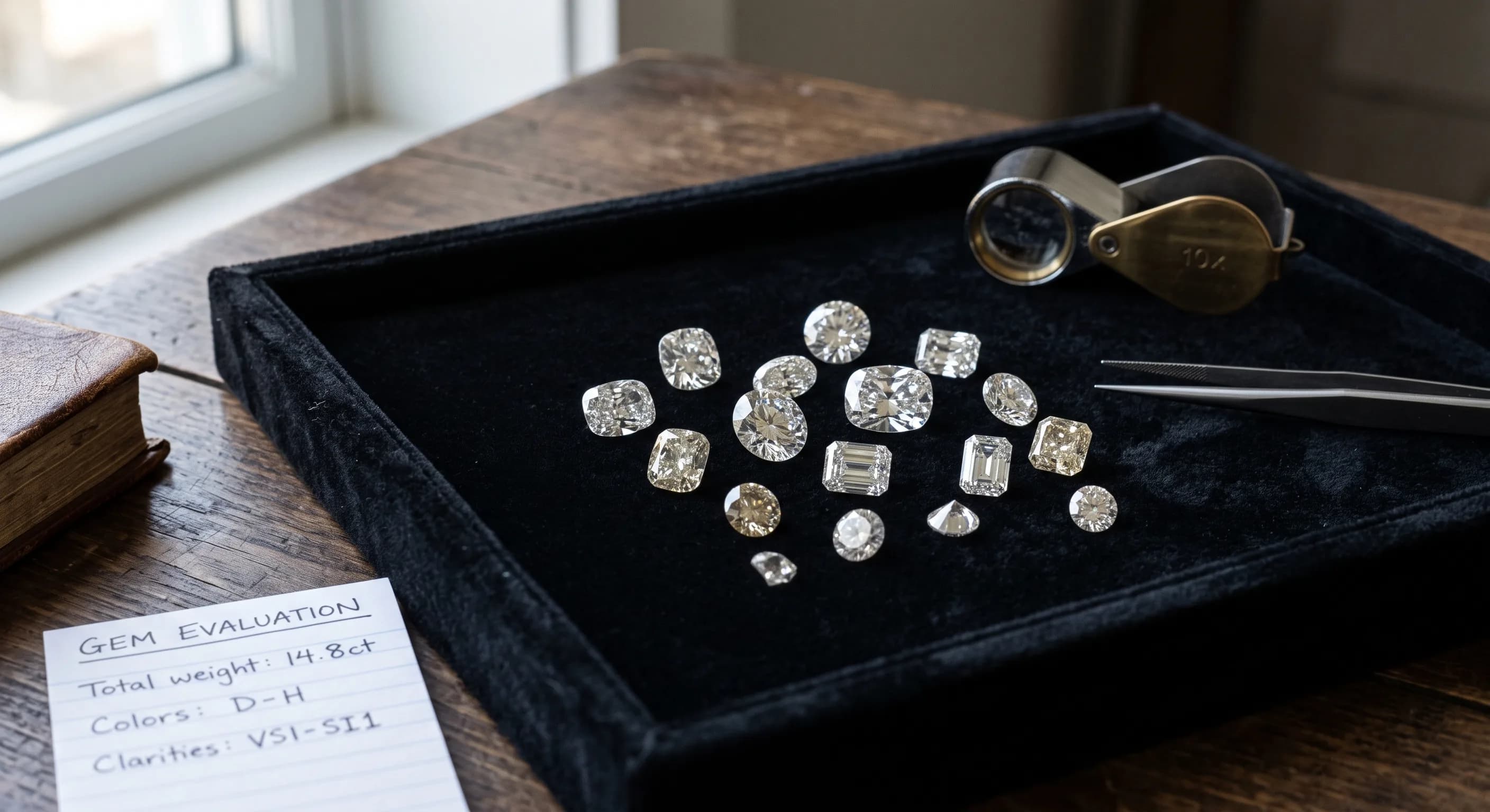 Lose Diamanten in unterschiedlichen Schliffen und Größen auf schwarzem Präsentiertablett