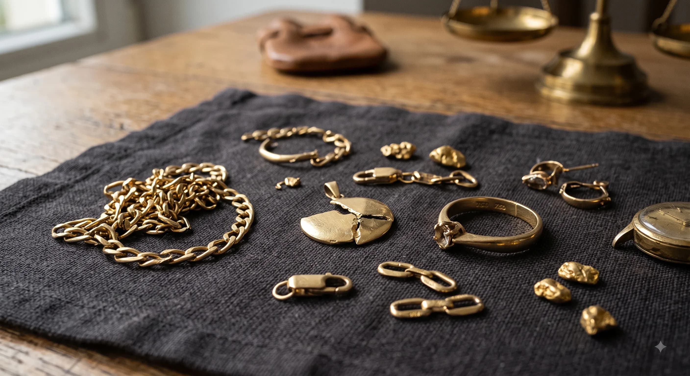 Gemischte Goldschmuckstücke und Bruchgold auf dunklem Tuch